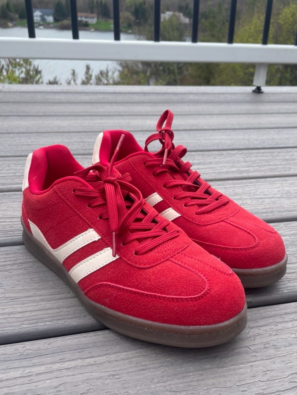 Casual Women’s  Red Suede Sneakers - White Stripes